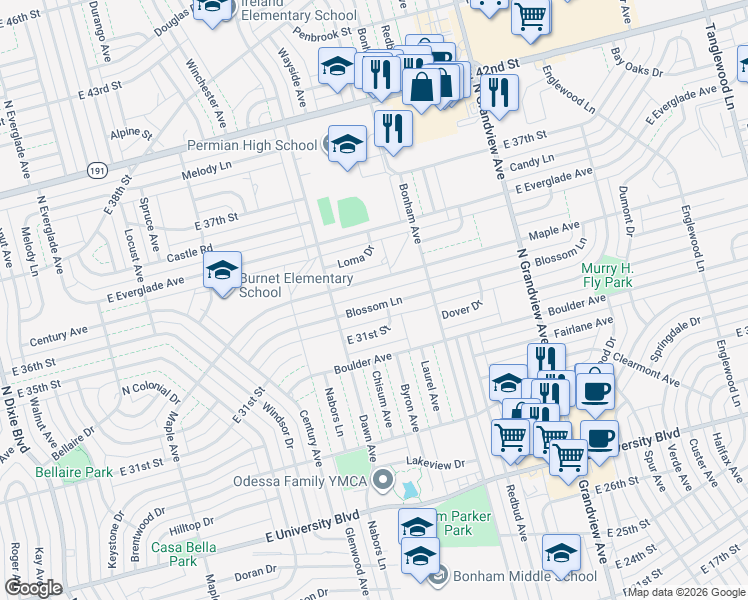 map of restaurants, bars, coffee shops, grocery stores, and more near 3211 E 31st St in Odessa
