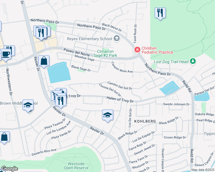map of restaurants, bars, coffee shops, grocery stores, and more near 7337 Corona Del Sol in El Paso