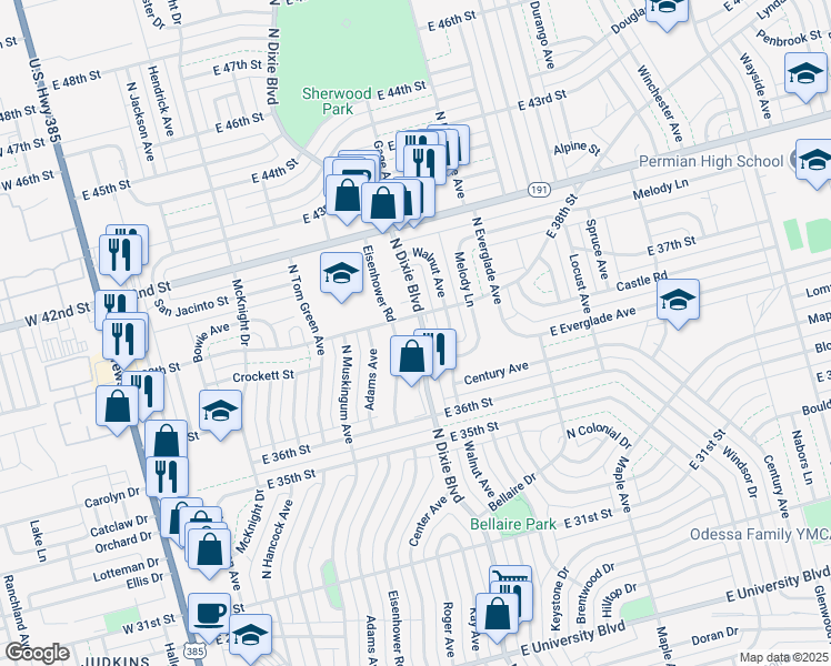 map of restaurants, bars, coffee shops, grocery stores, and more near 3648 North Dixie Boulevard in Odessa