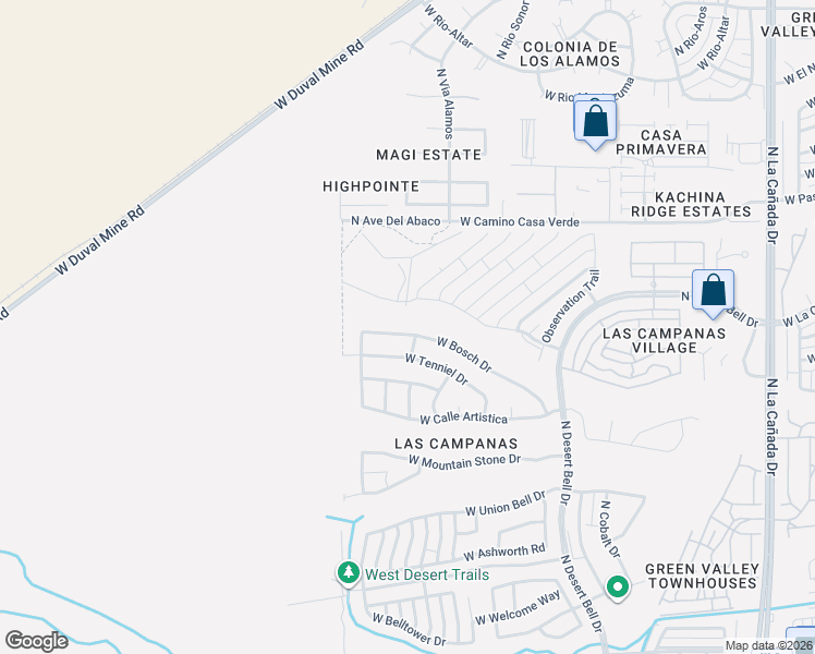 map of restaurants, bars, coffee shops, grocery stores, and more near 1078 West Bosch Drive in Green Valley