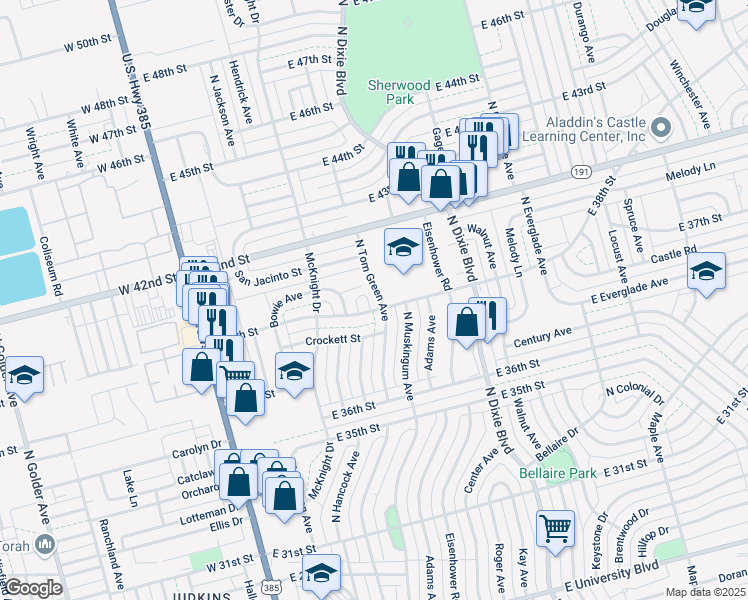 map of restaurants, bars, coffee shops, grocery stores, and more near 604 E 38th St in Odessa