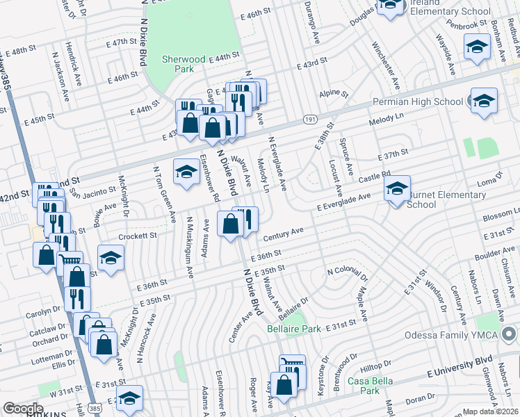 map of restaurants, bars, coffee shops, grocery stores, and more near 3619 Melody Lane in Odessa
