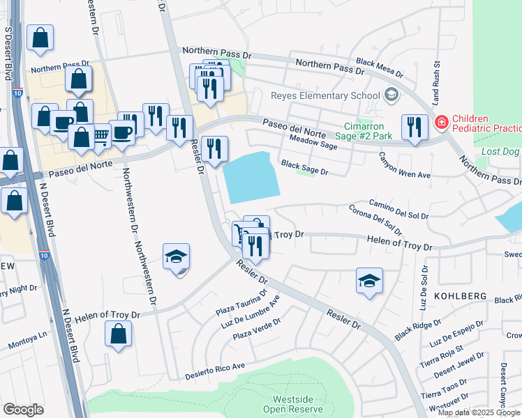 map of restaurants, bars, coffee shops, grocery stores, and more near 7412 Camino Del Sol Drive in El Paso