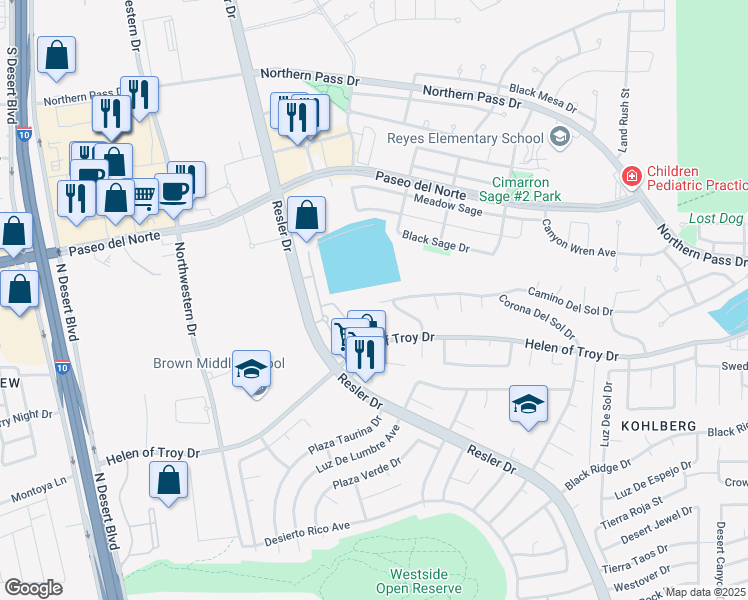 map of restaurants, bars, coffee shops, grocery stores, and more near 7412 Camino Del Sol Drive in El Paso