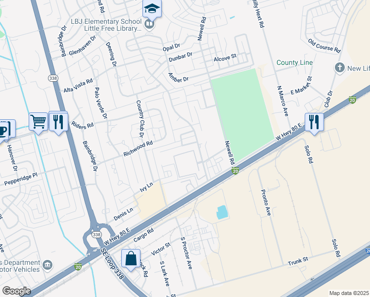 map of restaurants, bars, coffee shops, grocery stores, and more near 6328 Christo Lane in Odessa
