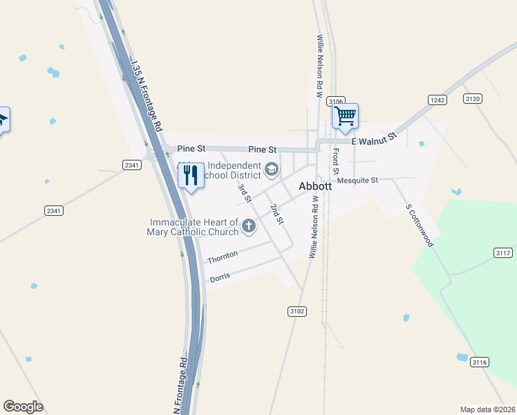 map of restaurants, bars, coffee shops, grocery stores, and more near 511 West Houston Street in Abbott