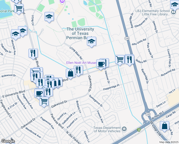 map of restaurants, bars, coffee shops, grocery stores, and more near Oakwood Drive in Odessa
