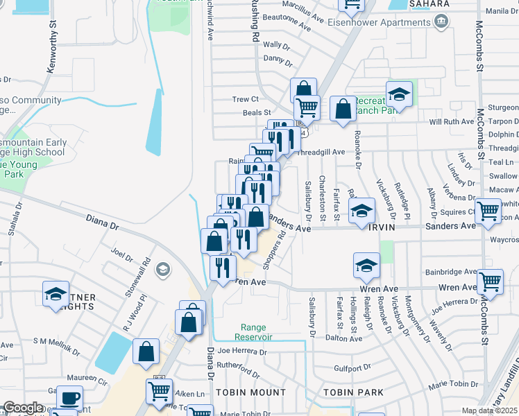 map of restaurants, bars, coffee shops, grocery stores, and more near in El Paso