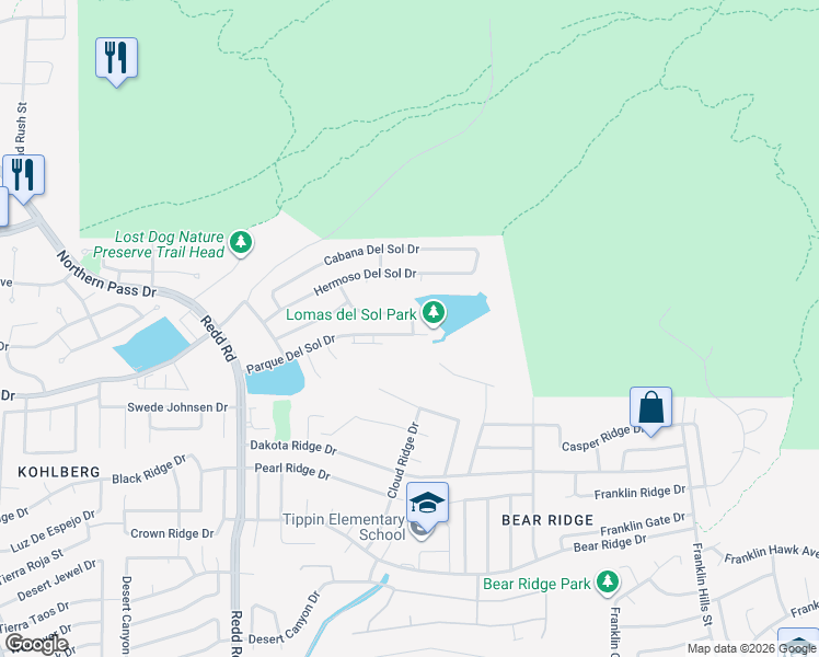 map of restaurants, bars, coffee shops, grocery stores, and more near 6620 Parque Del Sol Drive in El Paso