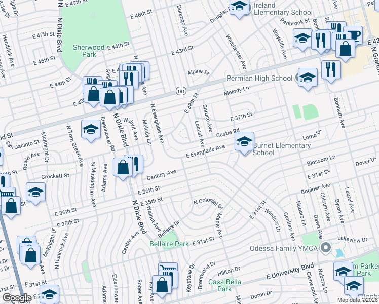 map of restaurants, bars, coffee shops, grocery stores, and more near 1400 East Everglade Avenue in Odessa