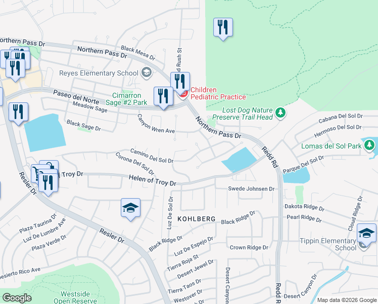 map of restaurants, bars, coffee shops, grocery stores, and more near 7251 Longspur in El Paso