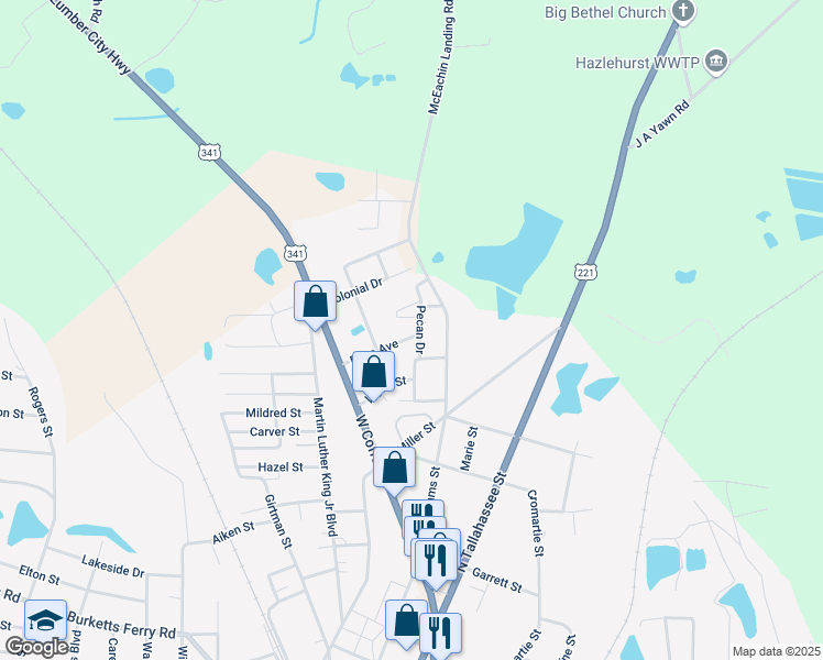 map of restaurants, bars, coffee shops, grocery stores, and more near 28 Rose Avenue in Hazlehurst