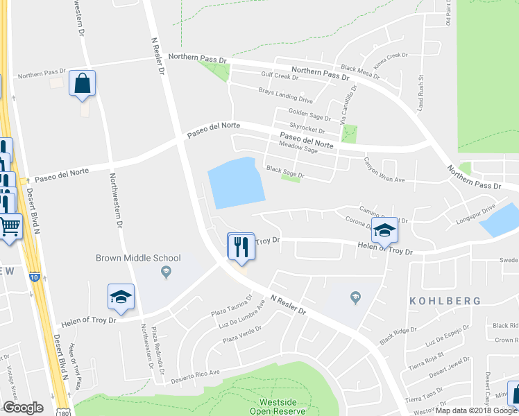 map of restaurants, bars, coffee shops, grocery stores, and more near 7405 Camino Del Sol in El Paso
