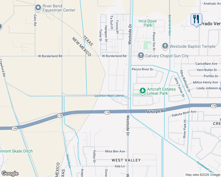map of restaurants, bars, coffee shops, grocery stores, and more near 6329 Camino Nuez Drive in El Paso