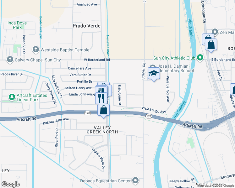 map of restaurants, bars, coffee shops, grocery stores, and more near 6225 Brillo Luna Street in El Paso