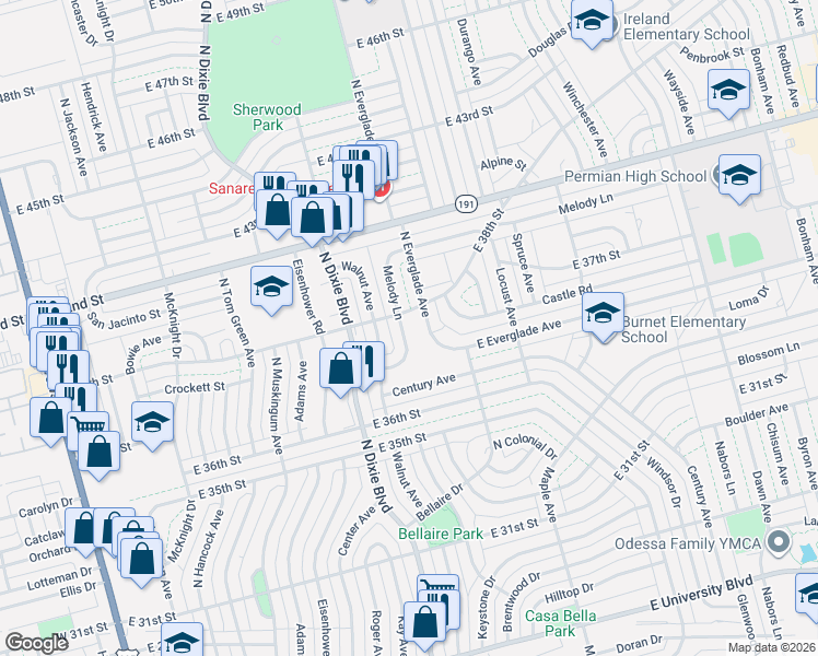 map of restaurants, bars, coffee shops, grocery stores, and more near 1300-1348 East 38th Street in Odessa