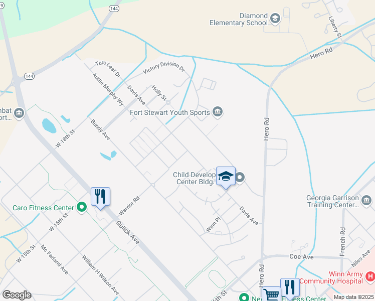 map of restaurants, bars, coffee shops, grocery stores, and more near Davis Avenue in Fort Stewart