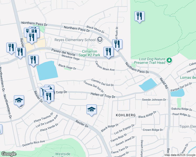 map of restaurants, bars, coffee shops, grocery stores, and more near 1631 Quinta Del Sol Court in El Paso