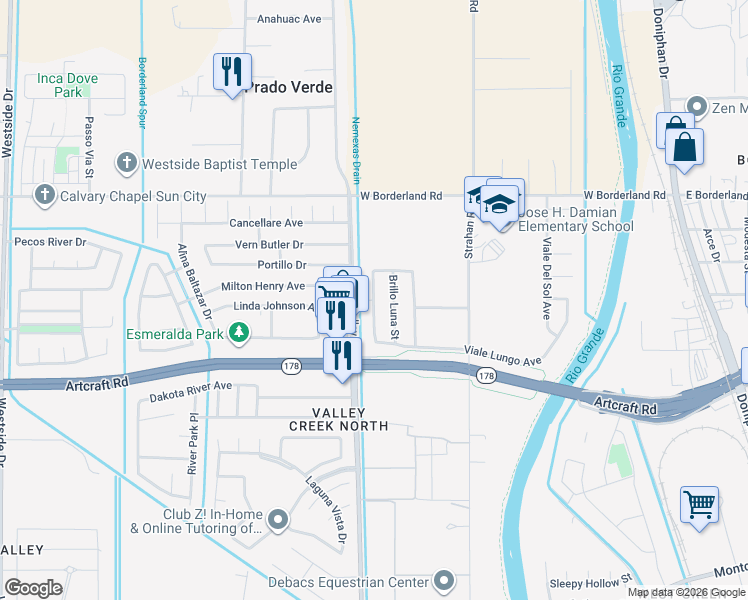 map of restaurants, bars, coffee shops, grocery stores, and more near 6278 Cosecha Luna Circle in El Paso