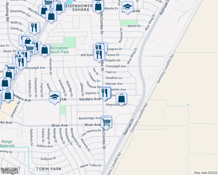 map of restaurants, bars, coffee shops, grocery stores, and more near 5812 Macaw Avenue in El Paso