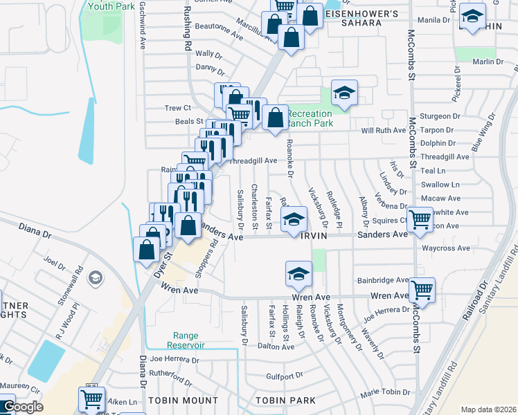 map of restaurants, bars, coffee shops, grocery stores, and more near 9518 Charleston Street in El Paso
