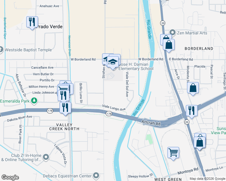 map of restaurants, bars, coffee shops, grocery stores, and more near 6284-6342 Strahan Road in El Paso