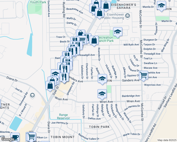 map of restaurants, bars, coffee shops, grocery stores, and more near 9518 Charleston Street in El Paso