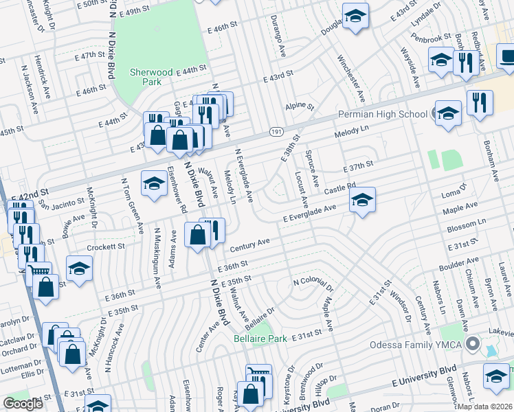 map of restaurants, bars, coffee shops, grocery stores, and more near 1302 Castle Road in Odessa