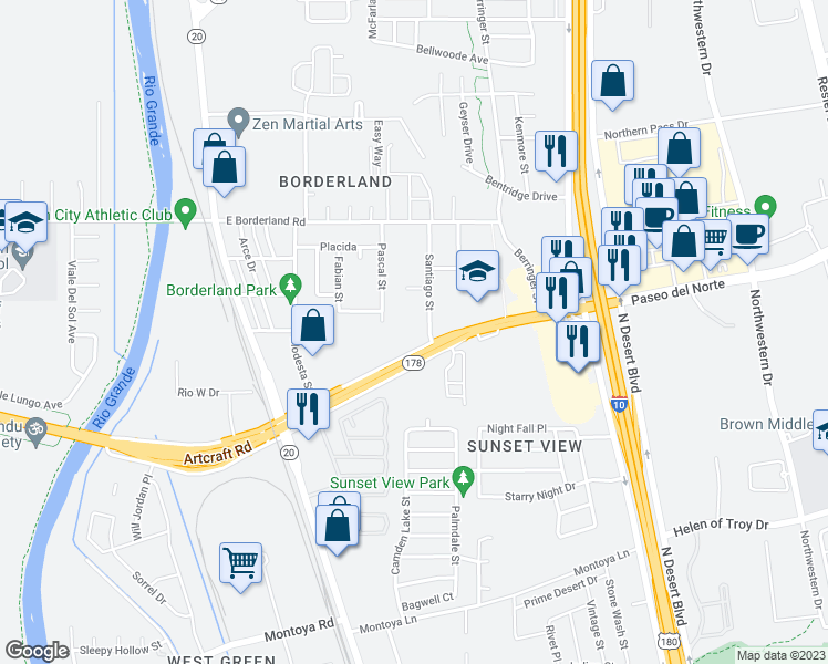 map of restaurants, bars, coffee shops, grocery stores, and more near 8001 Artcraft Road in El Paso