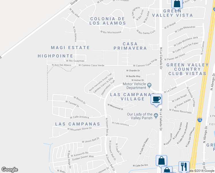 map of restaurants, bars, coffee shops, grocery stores, and more near Observation Trail in Green Valley