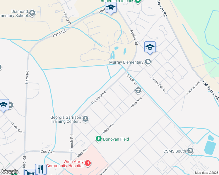 map of restaurants, bars, coffee shops, grocery stores, and more near Ricker Avenue in Fort Stewart
