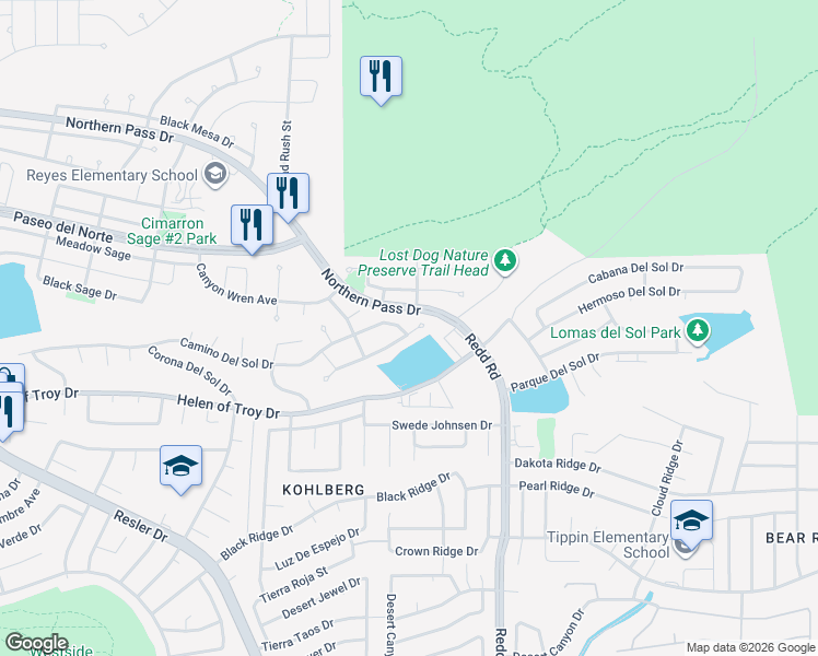 map of restaurants, bars, coffee shops, grocery stores, and more near 7209 Camino Del Sol Drive in El Paso