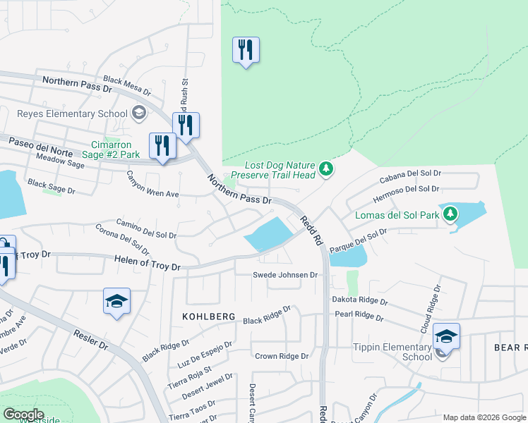 map of restaurants, bars, coffee shops, grocery stores, and more near 7209 Camino Del Sol Drive in El Paso