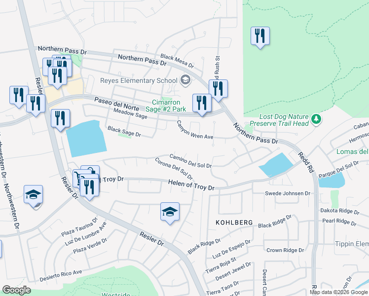 map of restaurants, bars, coffee shops, grocery stores, and more near 1631 Quinta Del Sol Court in El Paso