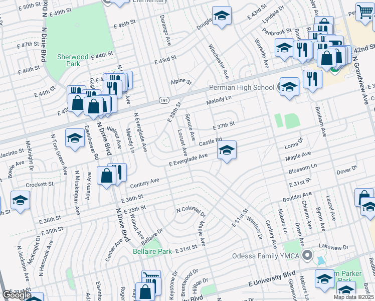 map of restaurants, bars, coffee shops, grocery stores, and more near 1500 Castle Road in Odessa