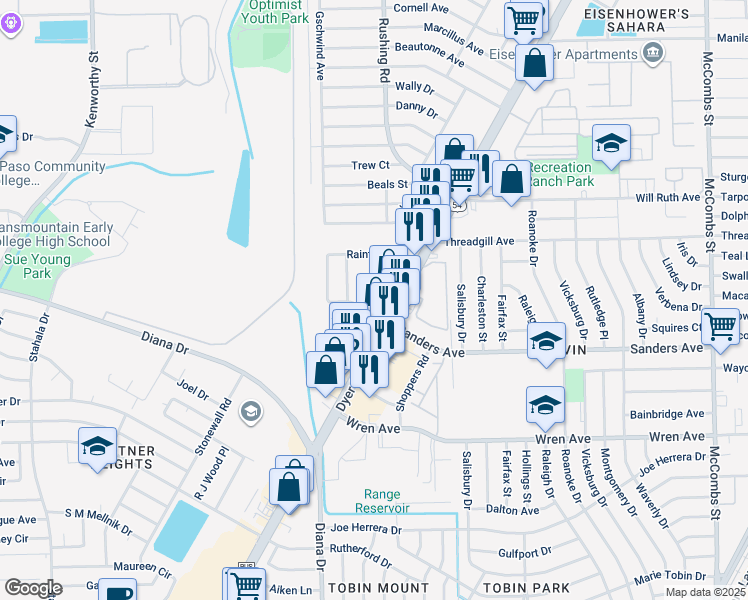 map of restaurants, bars, coffee shops, grocery stores, and more near 9540 Japonica Street in El Paso