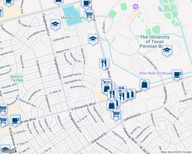 map of restaurants, bars, coffee shops, grocery stores, and more near 4353 Springbrook Drive in Odessa