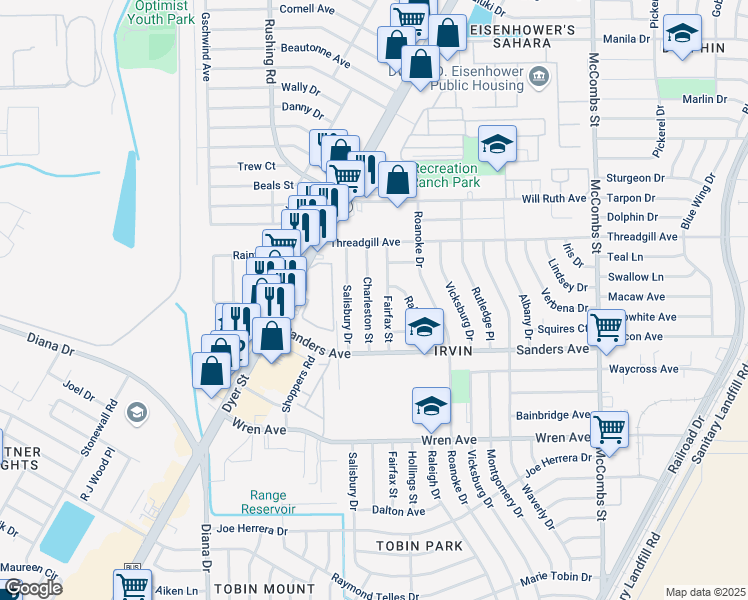 map of restaurants, bars, coffee shops, grocery stores, and more near 9518 Charleston Street in El Paso
