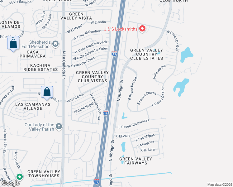 map of restaurants, bars, coffee shops, grocery stores, and more near 809 North Abrego Drive in Green Valley