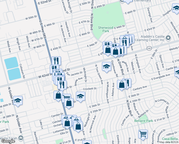 map of restaurants, bars, coffee shops, grocery stores, and more near 412 San Jacinto Street in Odessa