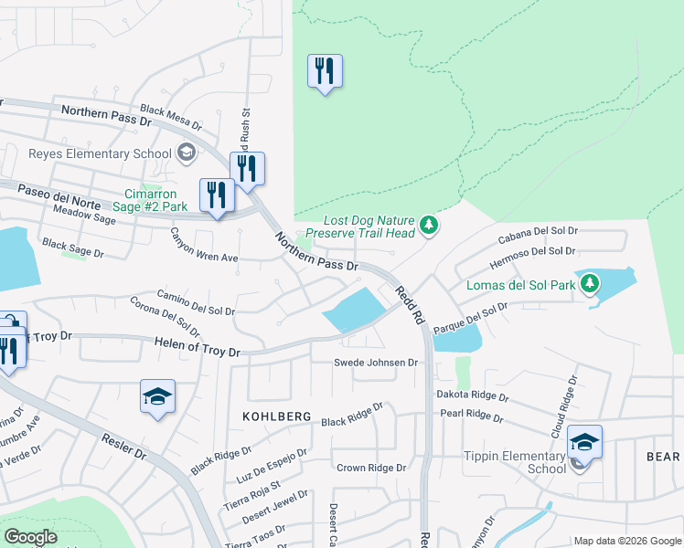 map of restaurants, bars, coffee shops, grocery stores, and more near 7209 Camino Del Sol Drive in El Paso