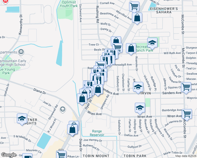 map of restaurants, bars, coffee shops, grocery stores, and more near 9515 Dyer Street in El Paso