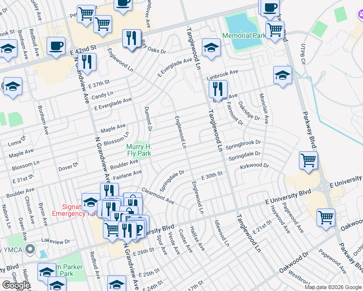 map of restaurants, bars, coffee shops, grocery stores, and more near 3759 Boulder Avenue in Odessa