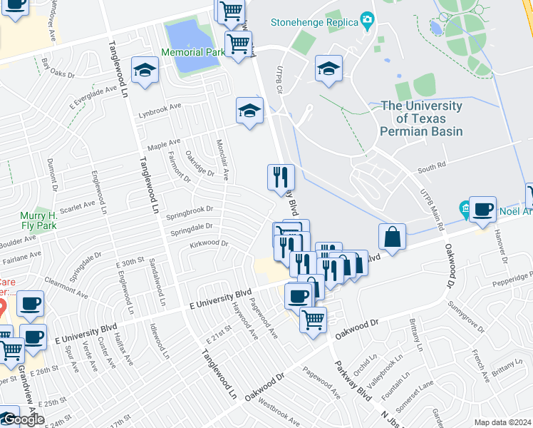 map of restaurants, bars, coffee shops, grocery stores, and more near 1 Chimney Hollow in Odessa
