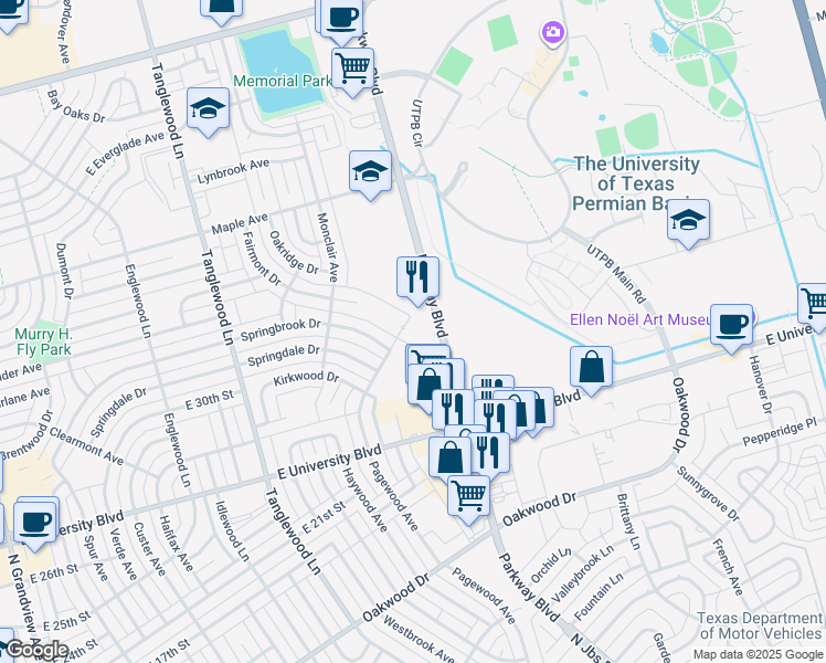 map of restaurants, bars, coffee shops, grocery stores, and more near 25 Chimney Hollow in Odessa