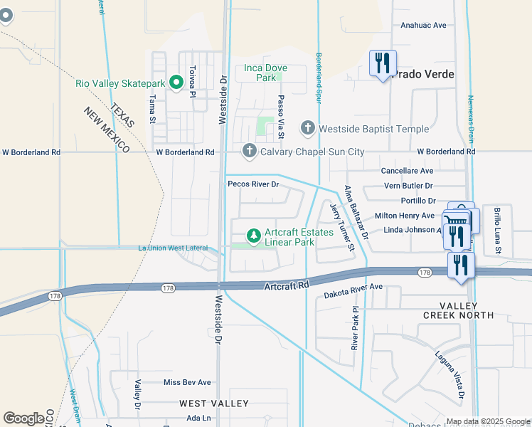 map of restaurants, bars, coffee shops, grocery stores, and more near 965 Abe Goldberg Drive in El Paso
