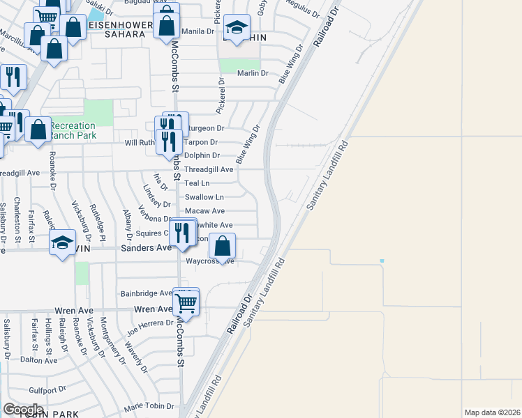 map of restaurants, bars, coffee shops, grocery stores, and more near 9521 Railroad Drive in El Paso