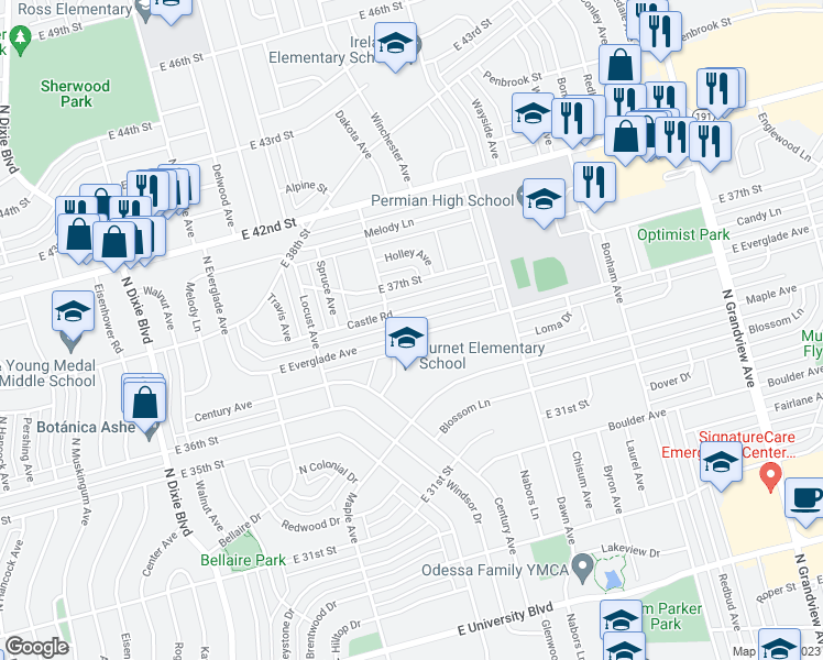 map of restaurants, bars, coffee shops, grocery stores, and more near 1607 East Everglade Avenue in Odessa