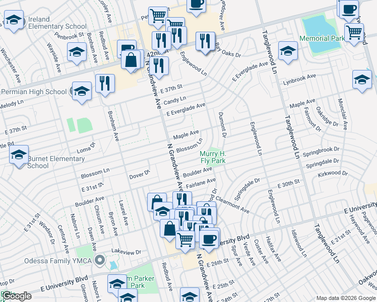 map of restaurants, bars, coffee shops, grocery stores, and more near 3826 Blossom Lane in Odessa