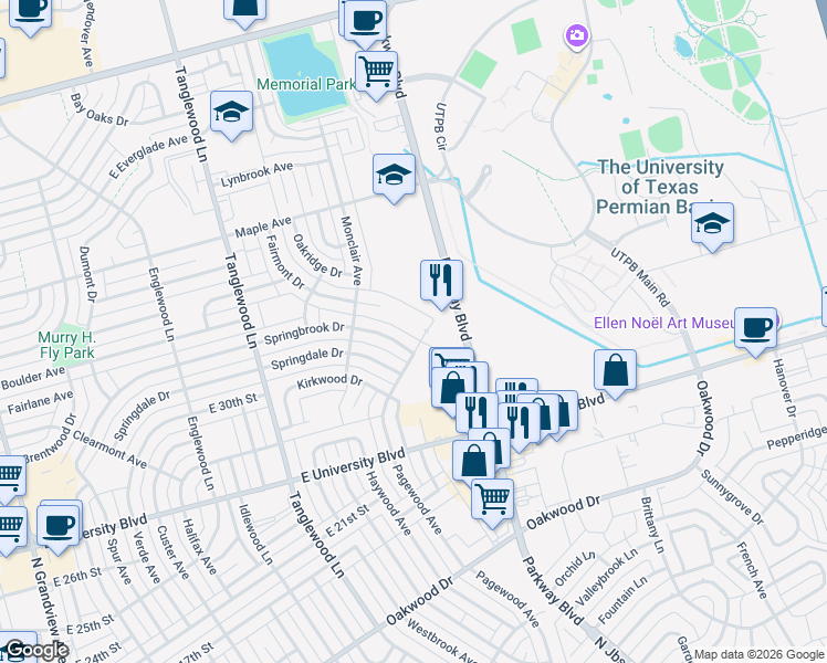 map of restaurants, bars, coffee shops, grocery stores, and more near 4353 Springbrook Drive in Odessa
